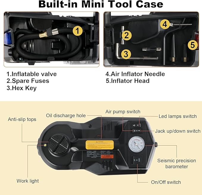 Electric Car Jack Kit 5 Ton 12V Floor Jack with Impact Wrench and Tire Inflator Pump Portable Hydraulic Car Jack for SUV Sedans Tire Change with LED Light, Lifting Height 6 to 17.7 Inch (Black)