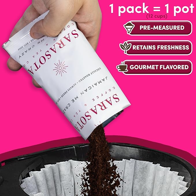 Coffee Packets – Gourmet Jamaican Me Crazy Flavored Medium Roast Ground Coffee, Low Acid Mold Free 2 oz Packs for 12 Cup Brewers, Pre-Measured Fractional Packs, 12 Count Box – Sarasota