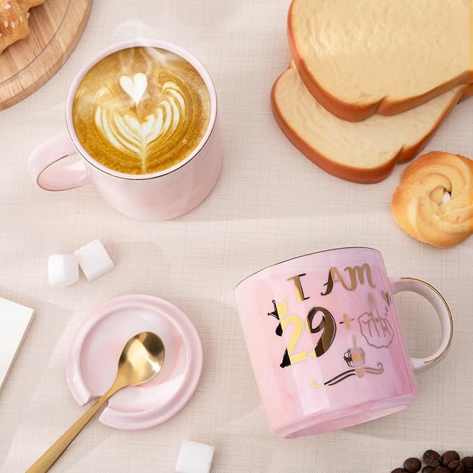 Funny 30th Birthday Gifts for Women - 14oz Pink Marble Ceramic Coffee Mug with Cheeky 29+1 Joke, Elegant Gold Print, Include Greeting Card & Beautiful Gift Box, Perfect for Birthday Celebration, Party