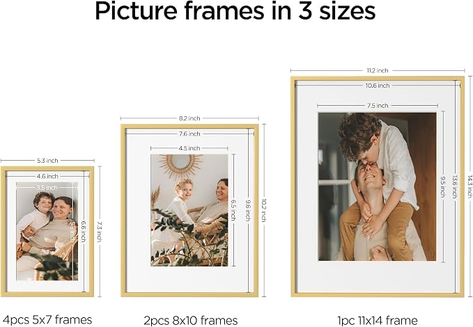 eletecpro Aluminum Gallery Wall Frame Set of 7 with Glass Cover, Gold | Including 1Pc 11x14, 2Pcs 8x10, 4Pcs 5x7 Photo Frames, Multiple Sizes Picture Frames Collage Wall Decor or Tabletop Display