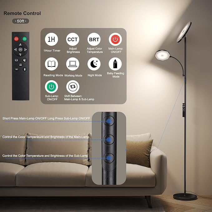 SUNMORY Floor Lamps for Living Room, 48W/4200LM Super Bright LED Floor Lamp with Remote Control, 69" Tall Standing Lamp with Stepless Dimmable, Modern Torchiere Reading Lamp for Bedroom, Office