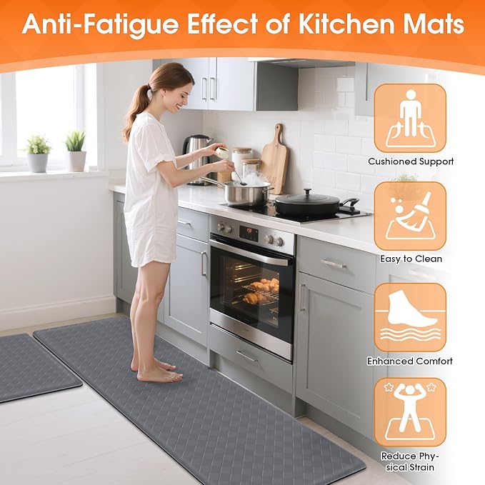 TranquilRelax Kitchen Mats, 2PCS Kitchen Rugs, Cushioned Anti Fatigue Kitchen Mats for Floor, Non-Slip Standing Desk Mat, Waterproof Kitchen Rug Set for Kitchen Floor Office,17.3"×30"+17.3"×59" Grey