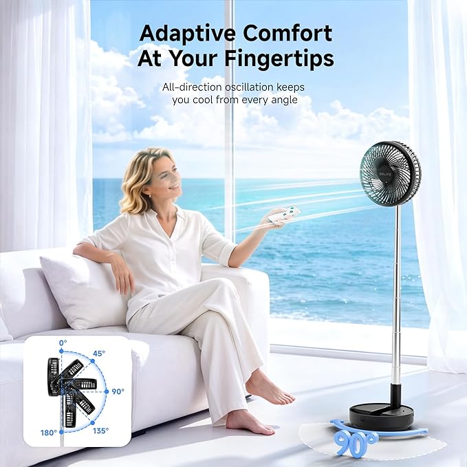 Belife X8 Portable Fan, 7200mAh Battery Powered Rechargeable, Oscillating USB Desk Floor Fan with Remote, Foldable Telescopic Fan for Home Bedroom Sleeping Office Camping Travel, 7.7" (Black)