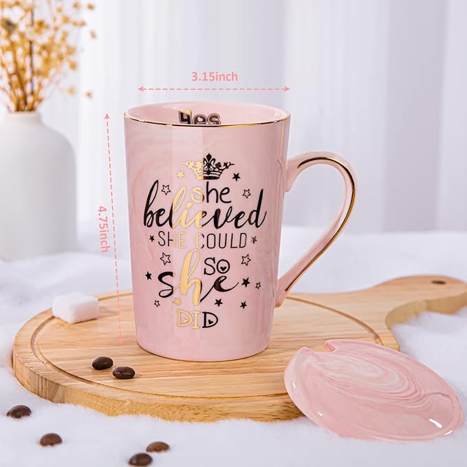 Graduation Gifts for Her 2026 - She Believed She Could So She Did Mug - Valentines Spiritual Motivational Congratulations Gifts for Women, 14oz Pink Ceramic Marble Gold Print Coffee Cup, Nicely Boxed