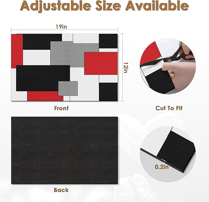 Arttown Coffee Mat for Countertops, Red Black White Grey Modern Dish Drying Mat 2 Pcs for Kitchen Bar Accessories, Fit Under Coffee Maker Espresso Machine Dish Rack Hide Stain Rubber 12x19in