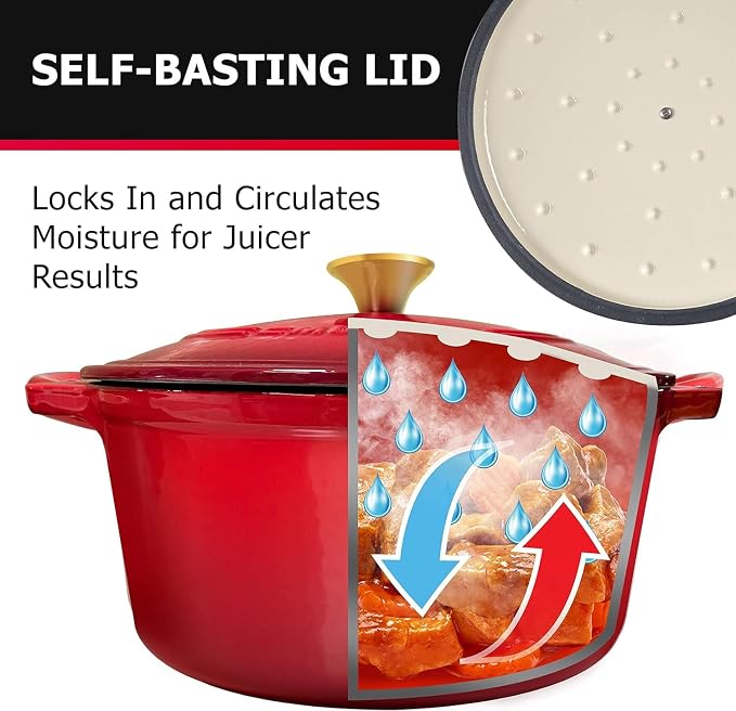 MUELLER HOME 4.5 QT Enameled Cast Iron Dutch Oven, Heavy-Duty Casserole Dish and Braiser Pan with Lid and Stainless Knob, Oven-Safe up to 500° F & Across All Cooktops, Red | Casserole Dish and Braiser Pan, Lid with Stainless Knob, Oven-Safe up to 500° ...