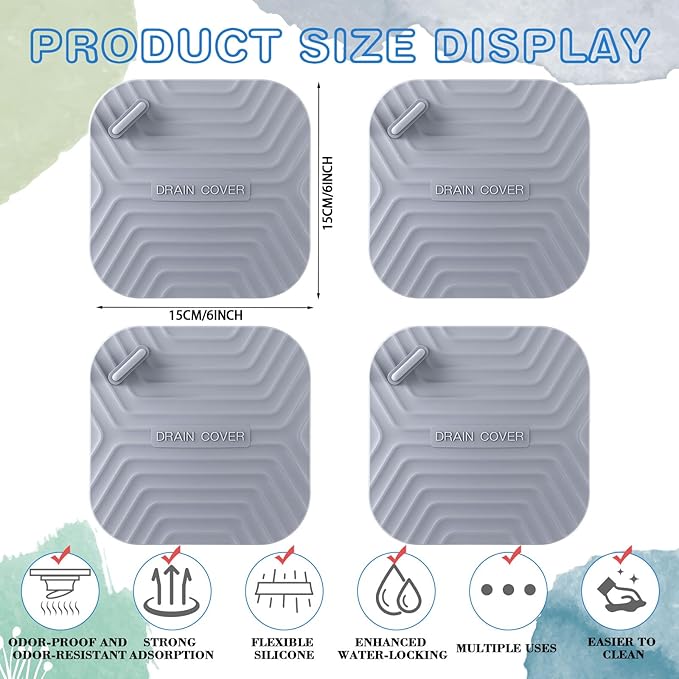 Yinkin 4 Pcs Shower Drain Cover Silicone Tub Stopper Floor Drain Cover Keep Bugs Out Sewer Anti-Odor Mat Deodorizing Plugs for Kitchen, Bathroom and Laundry (Gray)