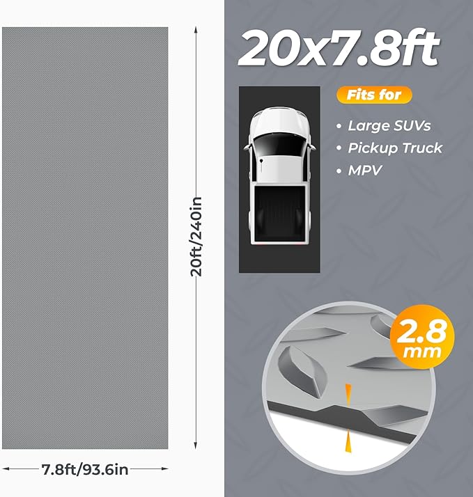 Geemax 7.8 x 20 FT Garage Floor Mat, 2.8mm Thickness Diamond Plate Vinyl Garage Flooring Roll for Under Car, Large Size 156 SQFT for Large SUVs, MPV, Pickup Truck