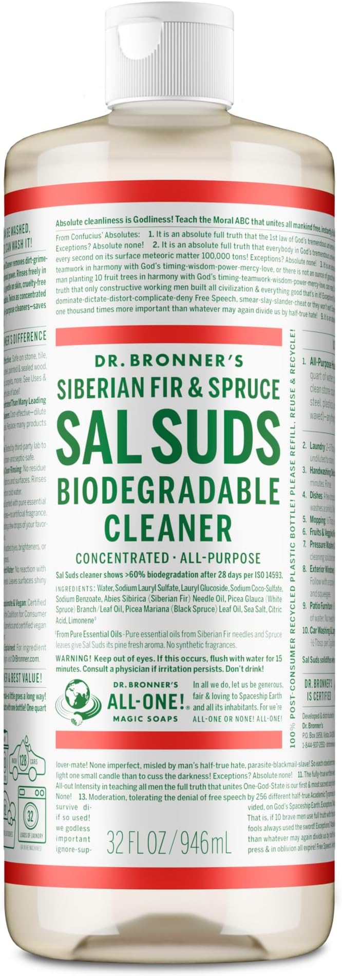 Dr. Bronner's - Sal Suds Biodegradable Cleaner (32 oz) - All-Purpose, Pine Cleaner for Floors, Laundry and Dishes, Concentrated, Cuts Grease and Dirt, Powerful Formula