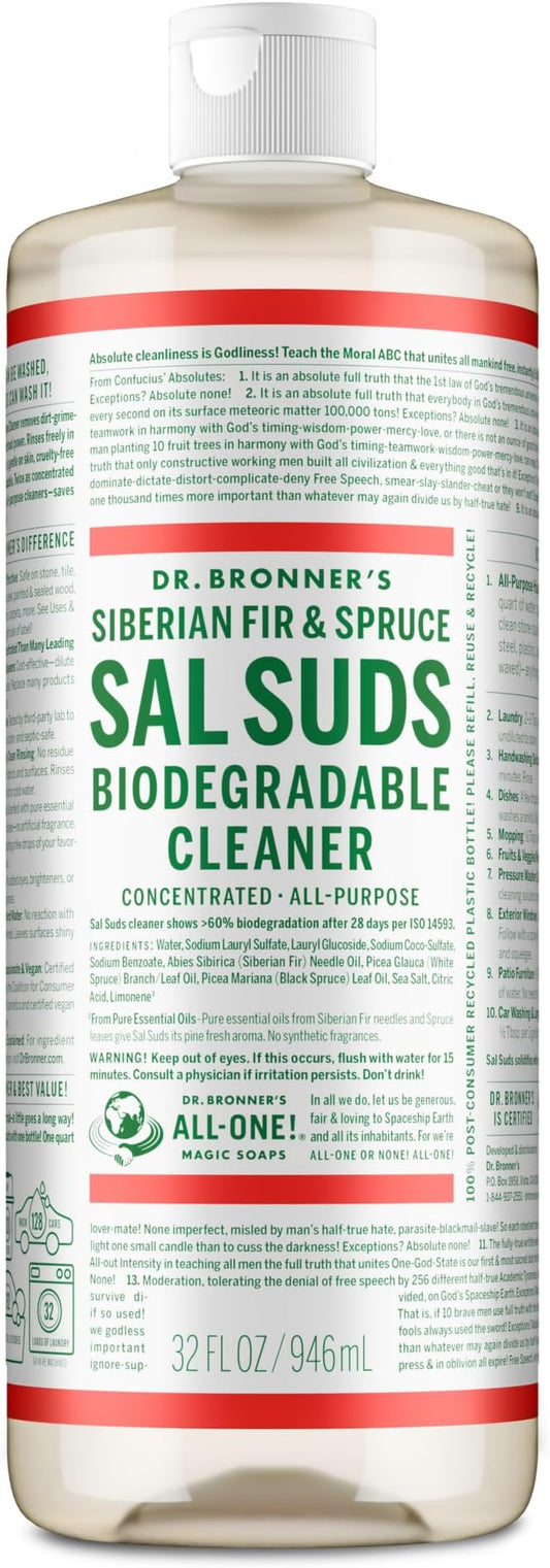 Dr. Bronner's - Sal Suds Biodegradable Cleaner (32 oz) - All-Purpose, Pine Cleaner for Floors, Laundry and Dishes, Concentrated, Cuts Grease and Dirt, Powerful Formula