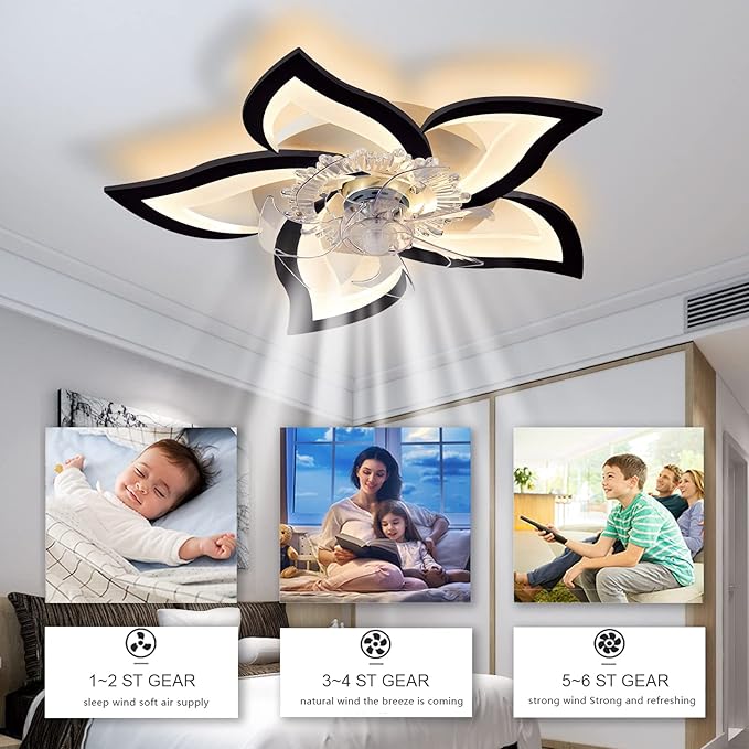 Bevenus Low Profile Ceiling Fans with Lights,27.2” Black Modern Dimmable Flower Shape Ceiling Light Fan with Remote Control/app Control,Timing 6 Gear Speeds Fan Ceiling Lamp.