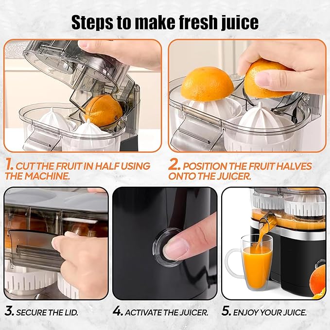 Dual-head Electric Citrus Juicer, 400Ml Twin Citrus Juice Maker with Built-in Safe Fruit Cutter, 8-Blade Pulp Slot, Max Speed 18000 Rpm