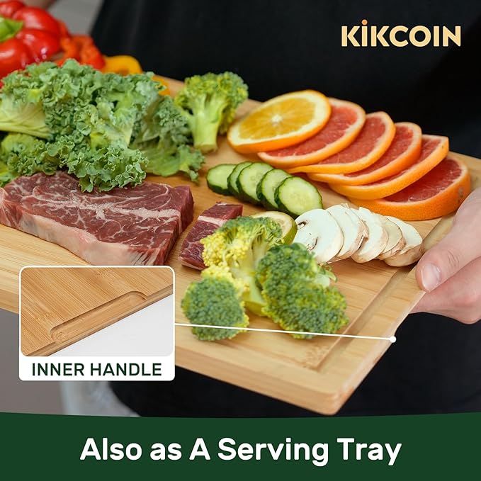 Kikcoin 20”×14” Bamboo Cutting Boards for Kitchen, Wooden Healthy Cutting Boards for Charcuterie, Vegetables, Cheese, Bread, Extra Large Chopping Boards with Deep Juice Groove and Handle, Natural