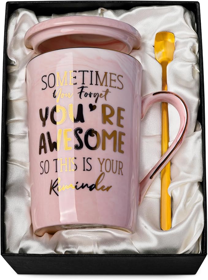 Birthday Thank You Gifts for Women, Sometimes You Forget You're Awesome Coffee Mug, Inspirational Christmas Gift for Her, Boss Lady Employee Coworker, 14oz Pink Marble Gold Print Cup, Nice Gift Boxed