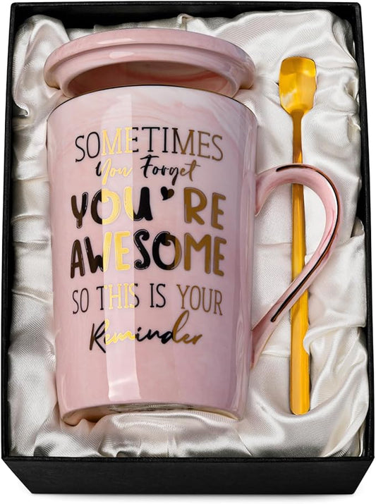 Birthday Thank You Gifts for Women, Sometimes You Forget You're Awesome Coffee Mug, Inspirational Christmas Gift for Her, Boss Lady Employee Coworker, 14oz Pink Marble Gold Print Cup, Nice Gift Boxed