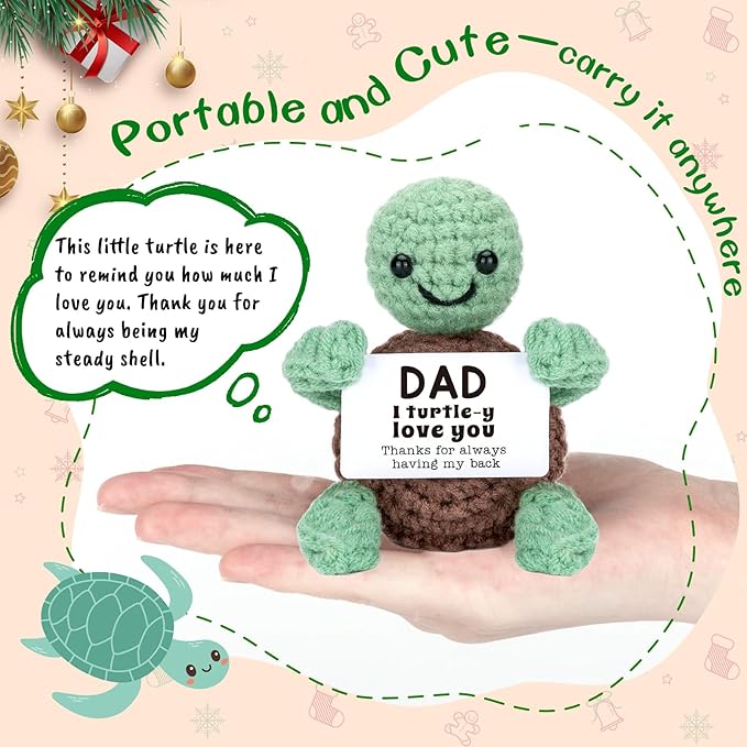 4THFARMES Mini Funny Turtle Fathers Day Dad Gifts from Daughter Son Wife, Birthday Gift for Dad Father Daddy Presents, I Love You Small Cute Stuff Things, Handmade Emotional Positive Crochet Turtle