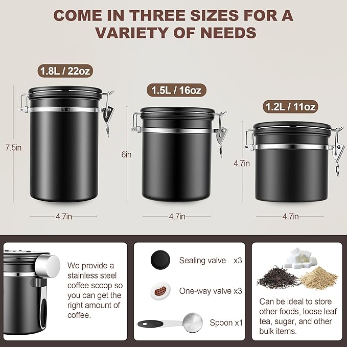 ShanSon Coffee Canister Airtight Coffee Container Stainless Steel Coffee Bean Storage Container with Scoop Coffee Canister for Beans Grounds Sugar Flour Tea Cereal,11OZ, Black
