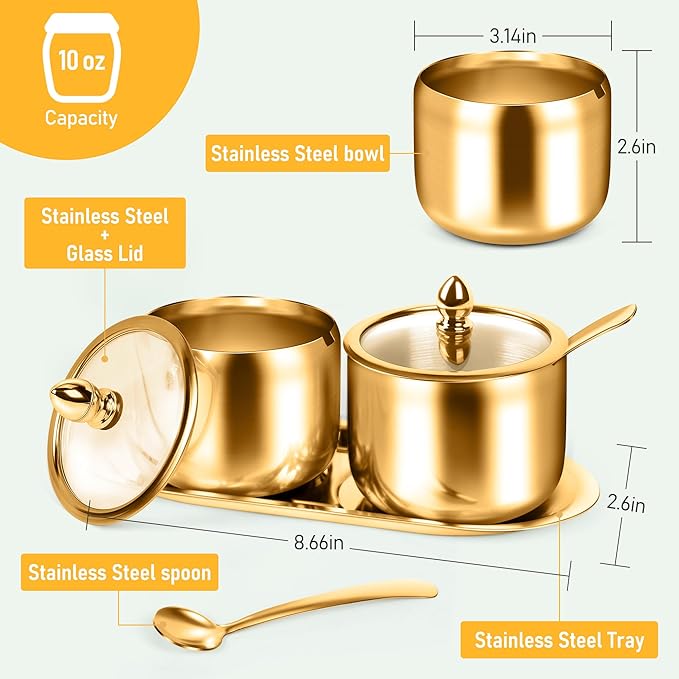 holoith 2 Pcs Coffee and Sugar Dispenser with Tray - 10 oz Sugar Bowl with Glass Lid and Spoon for Coffee Bar Accessories Kitchen Storage for Salt,Coffees Bean,Brown Sugar Cubes (Gold)