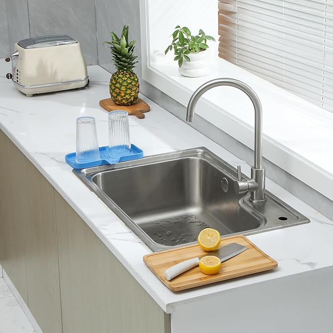 MicoYang Silicone Soap Dish with Drain Spout — Self-Draining Sink Organizer Tray for Bathroom & Kitchen, Sponges, Dispensers & Soap Holder, Non-Slip & Dishwasher Safe, Lichen Blue (Medium, 9.6"×5.3")