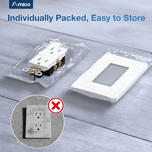 Amico Wall Outlet, 15 Amp Outlets, UL Listed, Tamper-Resistant Standard Electrical Outlet, Decorator Receptacle with Screwless Wall Plate, Suitable for Home and Business, 125V/1875W, White, 1 Pack