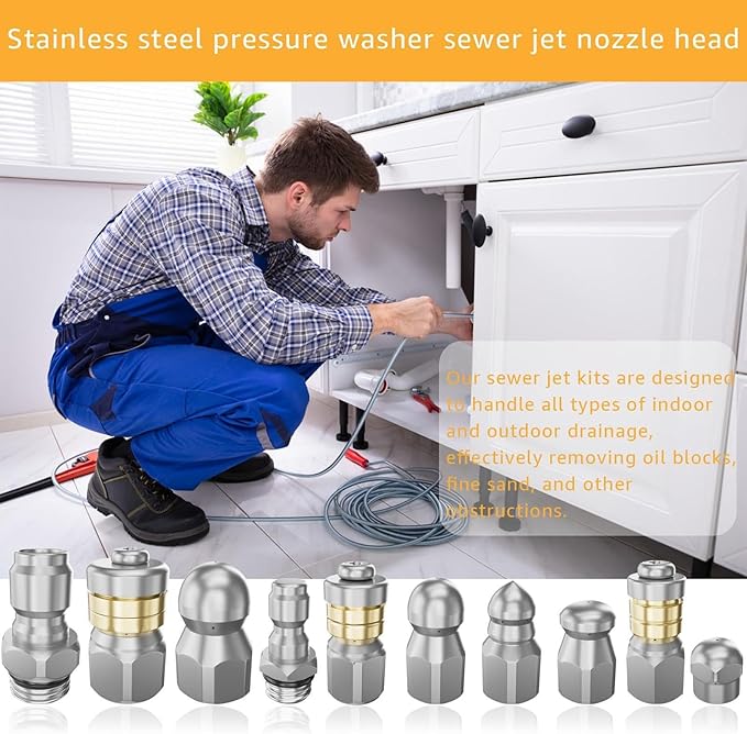 Pressure Washer Jetter Nozzle | with Connectors Tips - 10-Piece High Pressure Drain Cleaner Nozzle | for Home Kitchen Parking Lot Sink Pipe Floor Drain Downspout