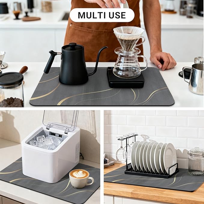Coffee Mat 24x16 Inch, Irregular Black Streamline Coffee Top Mat, Absorbent Hide Stain Rubber Backed Dish Drying Mat for Kitchen Counter, Bar Mat for Countertops,Under Coffee Machine Espresso Staion