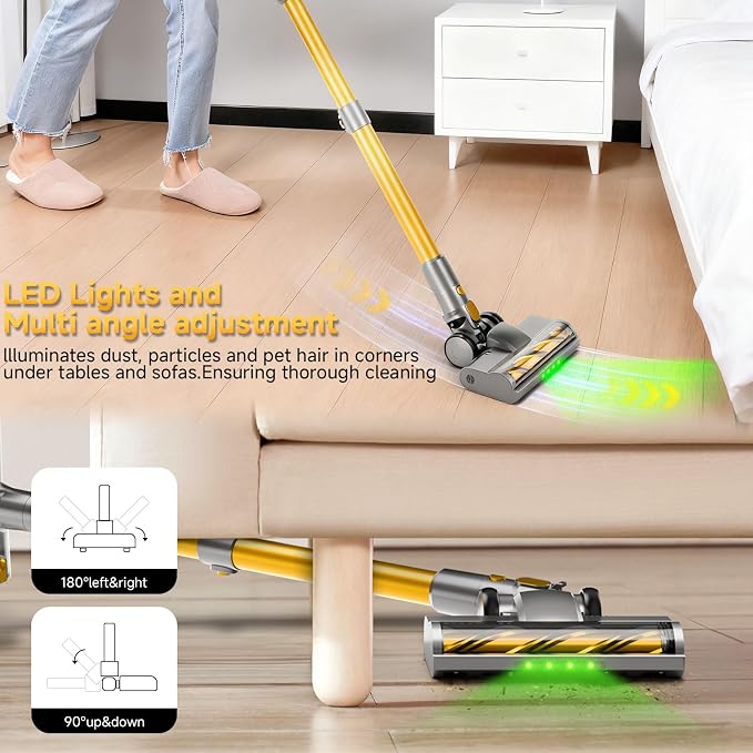Cordless Stick Vacuum Cleaner - 40KPA Powerful Suction Vacuum with 45 Min Runtime, Detachable Battery, Anti-Tangle & 1.5L Dust Cup, 8 in 1 Vacuum Cleaner for Pet Hair, Carpet, HardFloor, Yellow