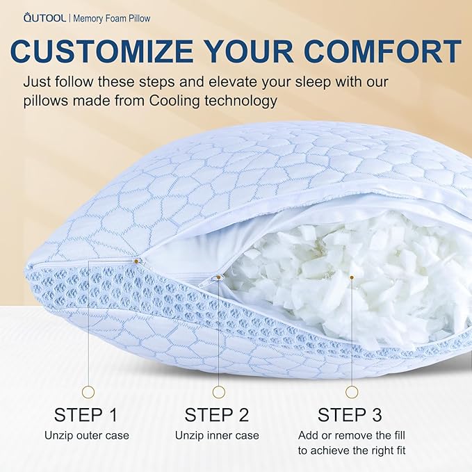 QUTOOL Enhanced Cooling Pillows for Sleeping, CertiPUR-US Shredded Memory Foam Pillows King Size Set of 1 for Hot Sleeper, Adjustable Bed Pillow for Side, Back, Stomach Sleepers Support Yet Soft, Blue