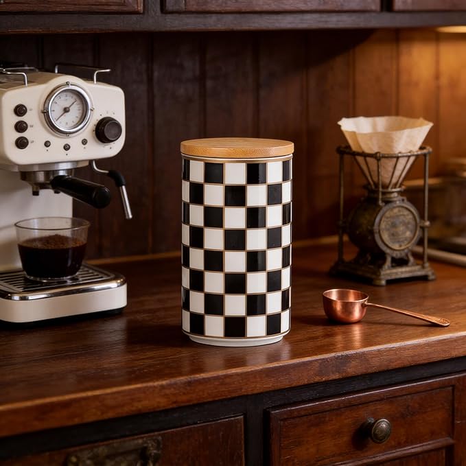 Kitchen Countertop Ceramic Checkered Canisters,Black And White Food Storage Containers With Lid,Airtight Kitchen Canisters for Flour, Sugar, Coffee, Tea, and Dry Goods (Black, Large)