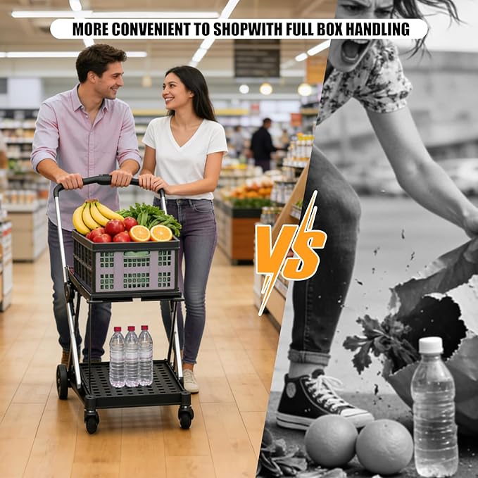 Collapsible Shopping Cart with Wheels,2 Tier Multi Use Foldable Shopping Cart with 2 Storage Crates,Folding Shopping Trolley Utility Cart for Office,Groceries, Warehouse,Supermarket,Picnic (Grey)