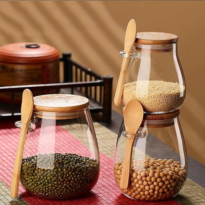 Airtight glass jar storage container with bamboo lid Set of 4, wide mouth, leak-proof, With a spoon, can be used for coffee beans, tea leaves, grains, dried fruits, etc (Large*4PCS)