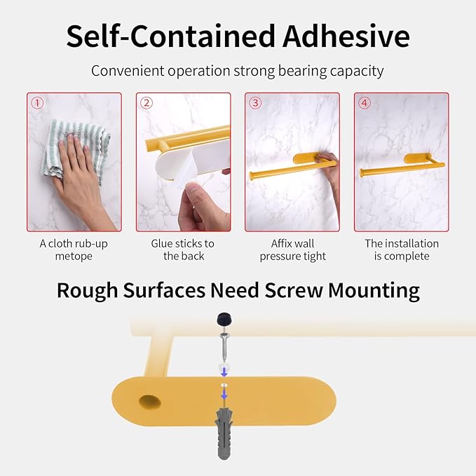 YeeBeny Yellow Paper Towel Holder - Self Adhesive or Drilling, Under Cabinet & Wall Mounted Roll Holder for Kitchen