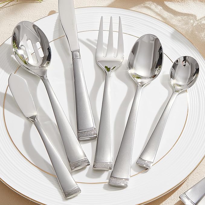 KINGSTONE Silverware Set, 65-Piece Flatware Set for 12, 18/10 Stainless Steel Cutlery Set with Bead Edge, Utensil for Kitchen, Home, Party, Wedding, Matte Silver, Dishwasher Safe, Featured Gifts