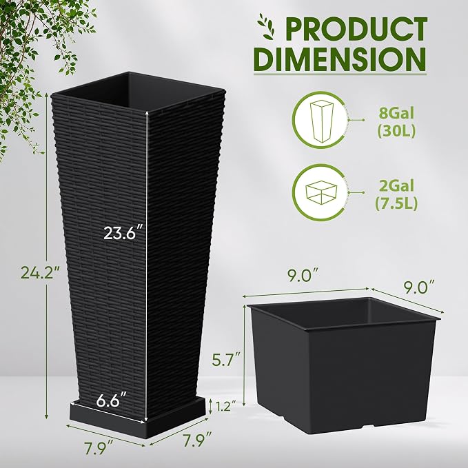 Devoko Resin Tall Planters for Outdoor Plants Set of 2, Large Taper Outdoor Planter Pots with 4 Drainage Holes, Flower Pots Modern Decor for Porch, Patio, Backyard, Garden(Black, 23.6" with Trays)
