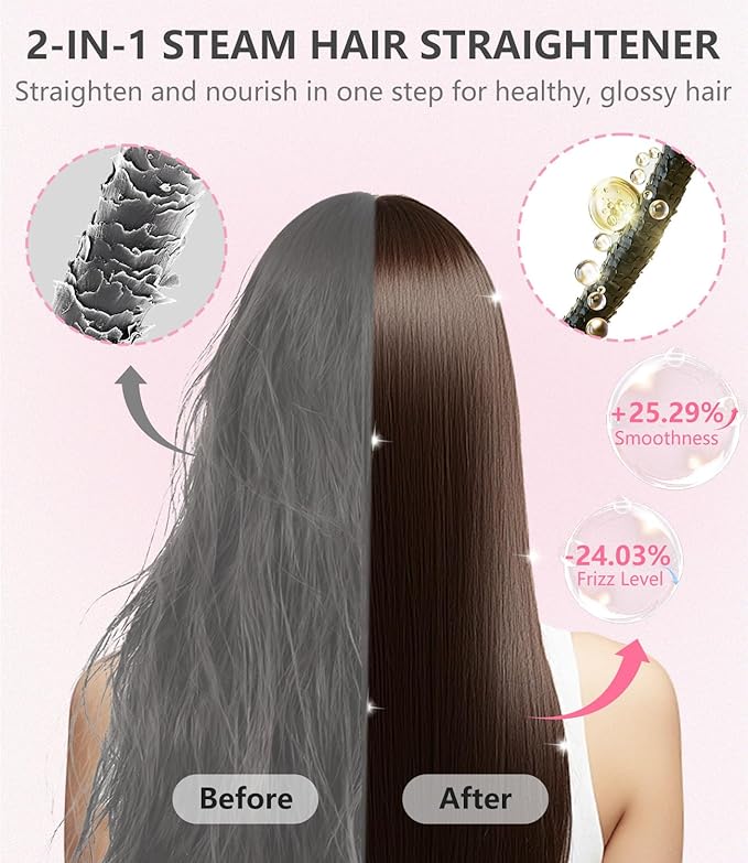 Steam Hair Straightener, 4-in-1 Steam Infared Straightener and Curler for Women, 1.5-inch Steam Flat Iron Hair Straightener for Long Thick Hair, Nourish & Smooth, Reduce Damage, Dual Voltage