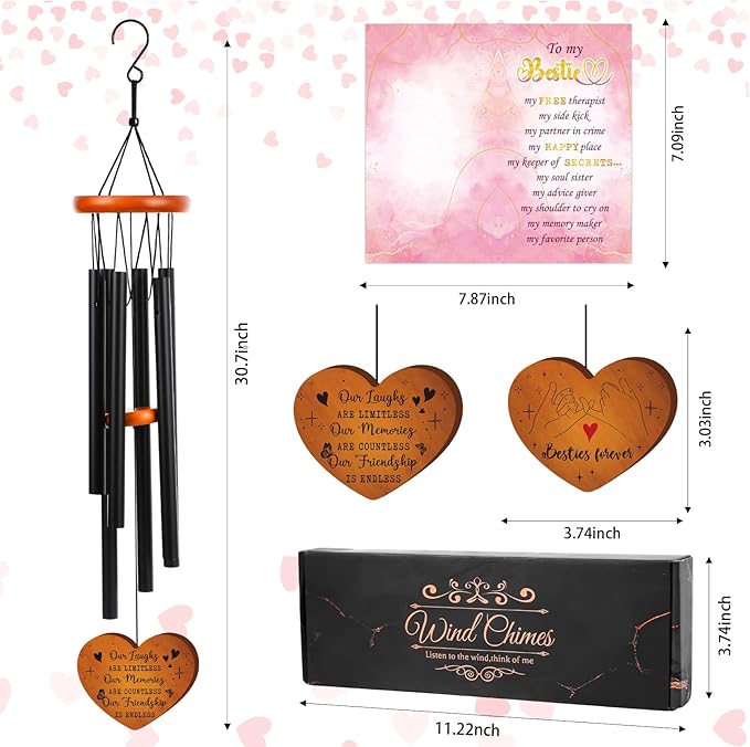 Friendship Gifts Wind Chimes for Outside – Bestie Gifts Engraved Wooden Heart with Gift Box & Card, Birthday Gift for Best Friend Women, Garden Patio Hanging Decor