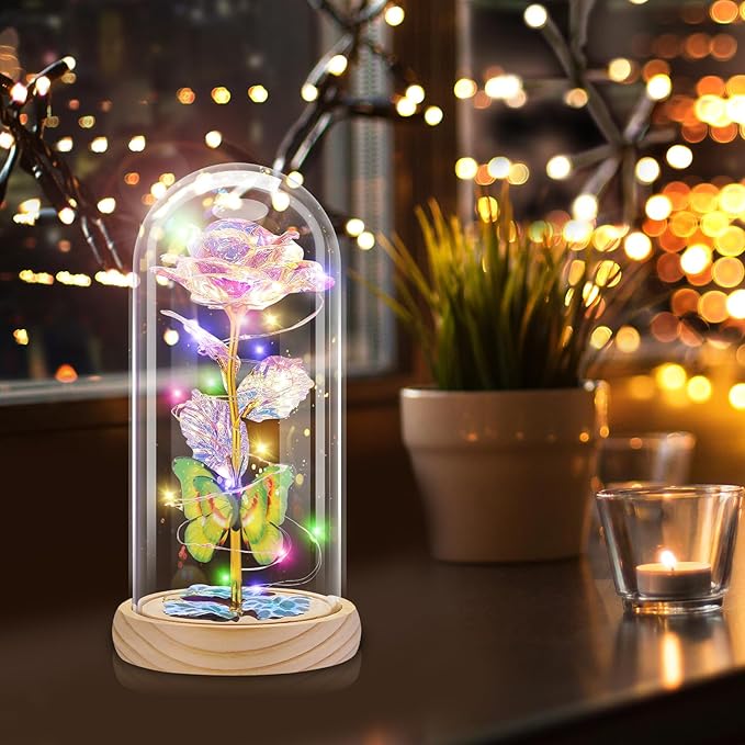 Otlonpe Preserved Forever Mothers Day Flower Gifts for Mom, Glass Rose Wood Base Colorful Light Butterfly Gifts for Women Grandma Girlfriend Wife Her, Valentines Mothers Day Christmas Birthday