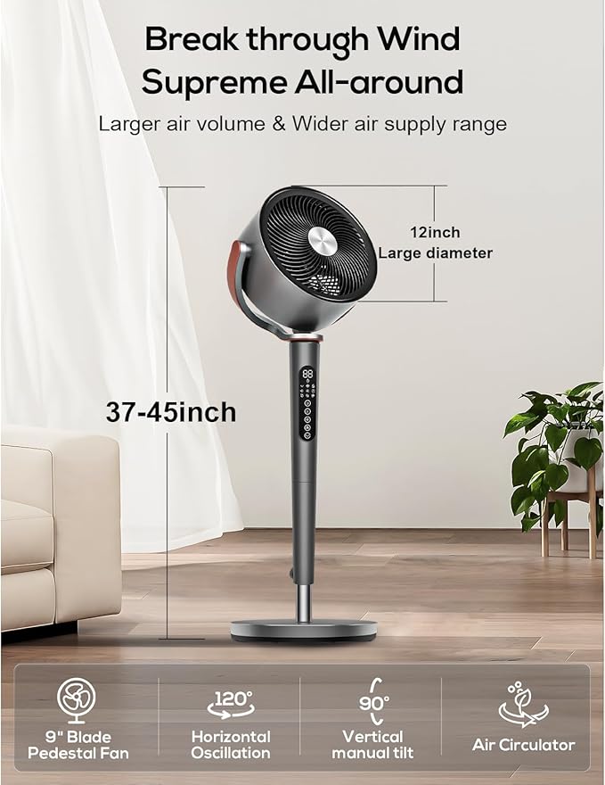 hykolity Large Fan for Bedroom, 120° Oscillating Standing Fan, 85ft Air Circulator With Remote, DC Motor Quiet Floor Fans, Adjustable Height, 12 Speeds, 5 Modes, 12H Timer
