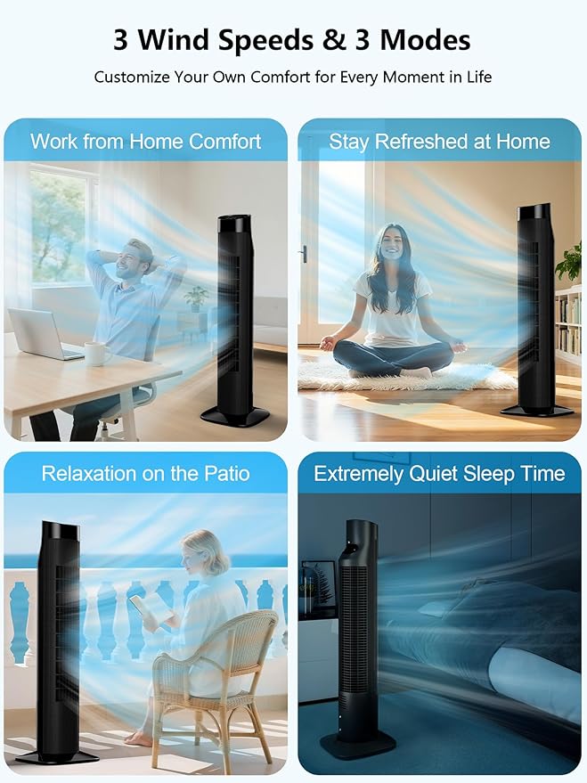 Uthfy Tower Fan with Remote, Portable 120° Oscillating Standing Fan, 3 Speeds & 3 Modes, 7.5H Timer, Fans That Blow Cold Air for Bedroom, Living Room, Office, Black