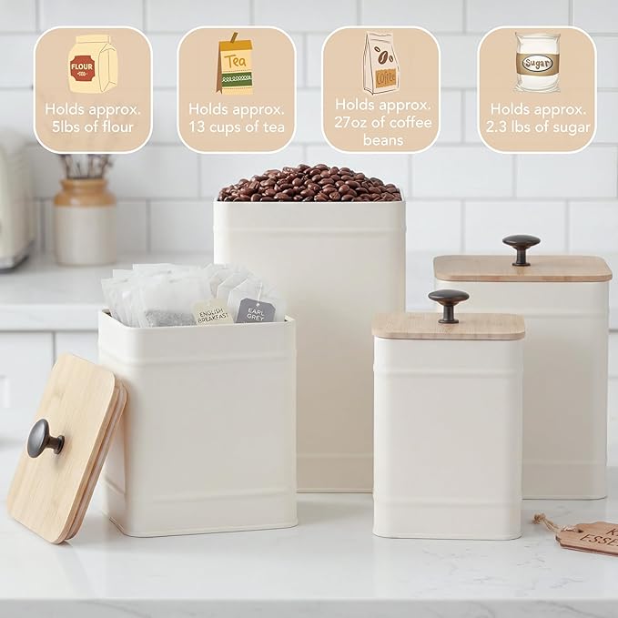 PERFNIQUE Kitchen Canisters, Airtight Canister Sets for Kitchen Counter, Kitchen Canisters for Countertop Set of 4, Coffee Tea Sugar Flour Spice Tin Jars Food Storage Container with Lid(White)
