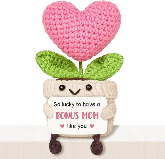 Bonus Mom Gifts, for Stepmom from Daughter Son, Birthday Gifts for Bonus Mom, Cute Crochet Pink Heart Flower