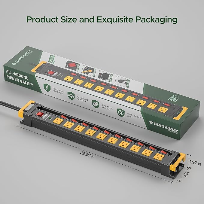 10 Outlet Heavy Duty Metal Power Strip with Individual Switches,3300J Surge Protector,1.7 Inch Wide Spacing for Large Adapters,6Ft Cord Managment for School,Garage,Workbench,ETL Listed(15A/1875W)