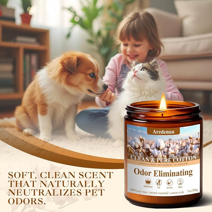 Clean & Pure Cotton Odor Eliminating Candles | Eliminates 95% of Pet, Smoke, Food, and Other Smells – 7 oz Soy Candle for Home Scented - Air Freshing Scented Candles, Up to 50 Hour Burn Time