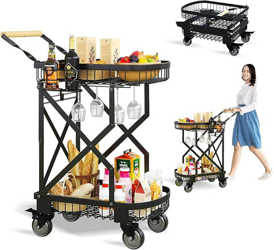2-Tier Foldable Shopping Cart with Wheels for Groceries, Grocery Store Cart with 360° Rolling Swivel Wheels, Heavy Duty Folding Utility Cart for Camping Gear, Traveling, Laundry, Garden, Pantry