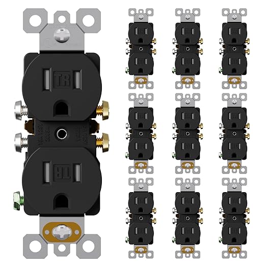 AIDA 10 Pack Matte Black 15 Amp Outlet Duplex Electrical Receptacle Outlets,Power Outlet,Tamper Resistant,Heavy-Duty Receptacle, 2 Pole,3-Wire, Self-Grounding Clip, NEMA 5-15R,UL Listed