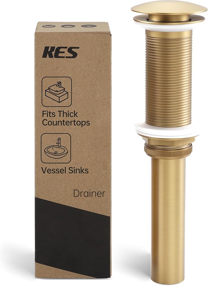 KES All-Metal Pop Up Bathroom Sink Drain, Extended Thread for Thicker Vessel Sinks & Countertops, Durable Brass & Stainless Steel, No Overflow, Brushed Gold, S2022D-BZ
