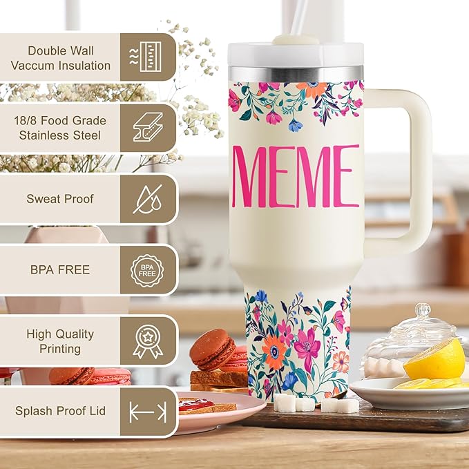 ROSTANTEN Meme Gifts Mothers Day Gifts for Meme from Grandkids for Birthday Christmas 40oz Travel Cup Insulated Tumbler with Lid & Straw