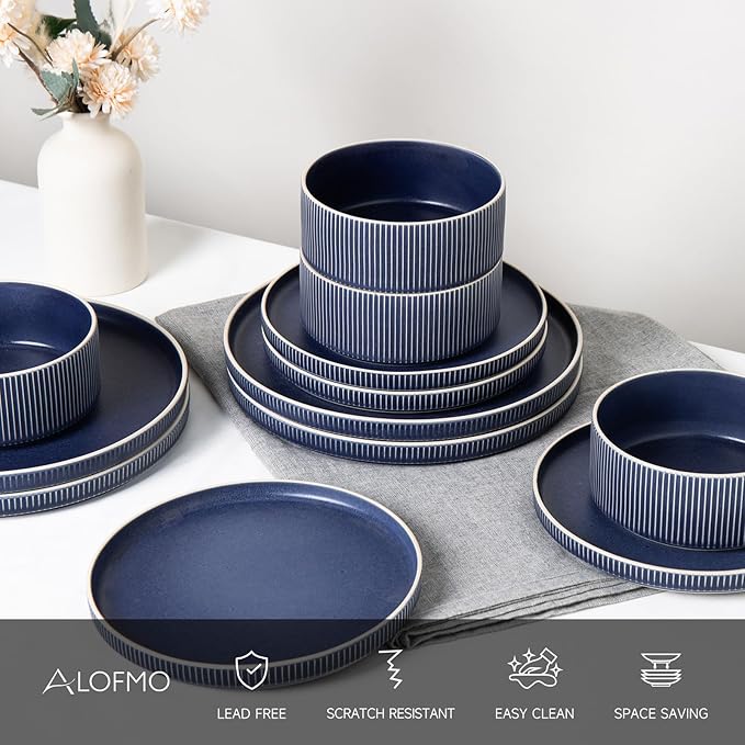 Dinnerware Set Service for 4, 12-Piece Ceramic Plates and Bowls Set, Chip & Scratch Resistant, Microwave and Dishwasher Safe, Modern Minimalist Tableware for Everyday Use, Matte Blue