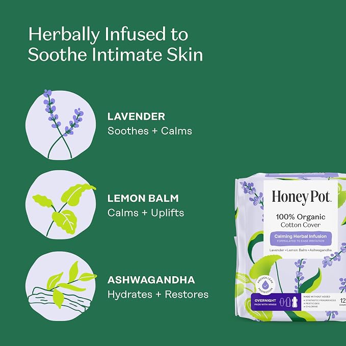 The Honey Pot Company - Calming - Overnight - Pads for Women | 100% Organic Cotton Cover - Calming Herbs of Lavender, Ashwagandha, & Lemon Balm - Pads w/Wings - Feminine Care - 12ct