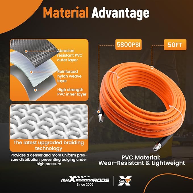 maXpeedingrods Sewer Jetter Kit for Pressure Washer 50FT, 5800PSI Drain Cleaner Hose 1/4 Inch NPT Corner, Rotating and Button Nose Sewer Jetting Nozzles with Spanner Waterproof Tape Pearl Corsage Pin